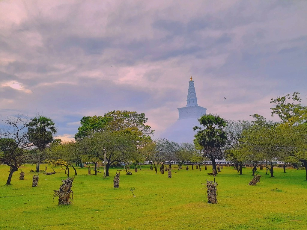 Ancient Buddhist stupa and tropical trees in Sri Lanka's Cultural Triangle